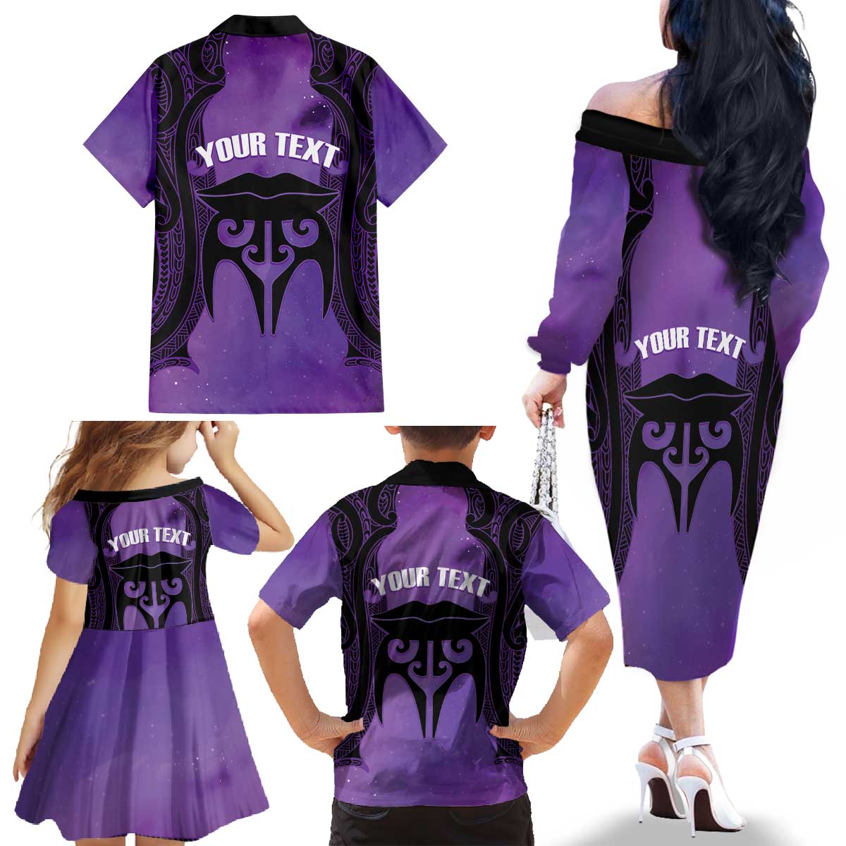Personalised New Zealand Suffrage Day Family Matching Off The Shoulder Long Sleeve Dress and Hawaiian Shirt Maori Tattoo Galaxy Vibe - Polynesian Pride