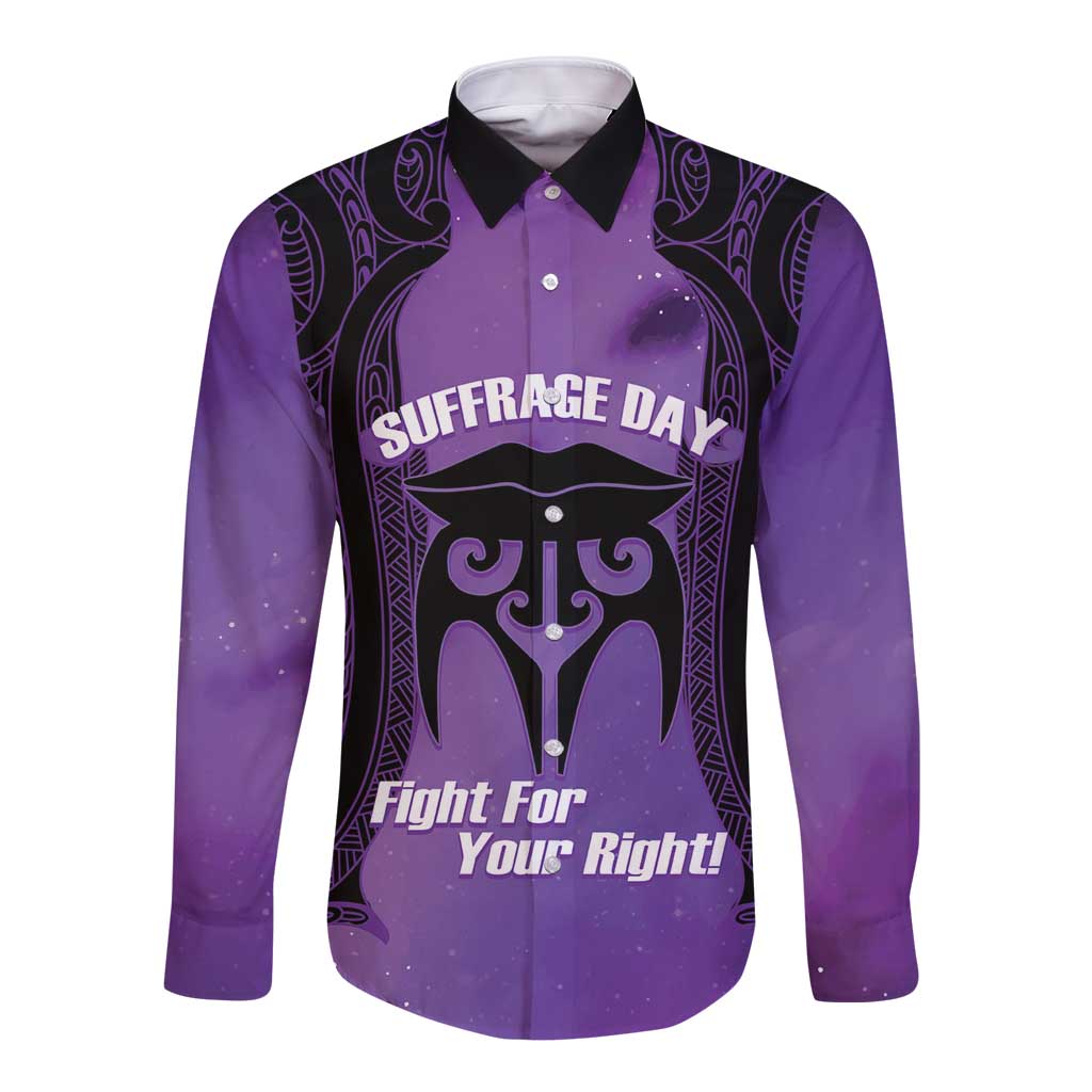 Personalised New Zealand Suffrage Day Long Sleeve Button Shirt Maori Tattoo Galaxy Vibe LT14 Unisex Purple - Polynesian Pride