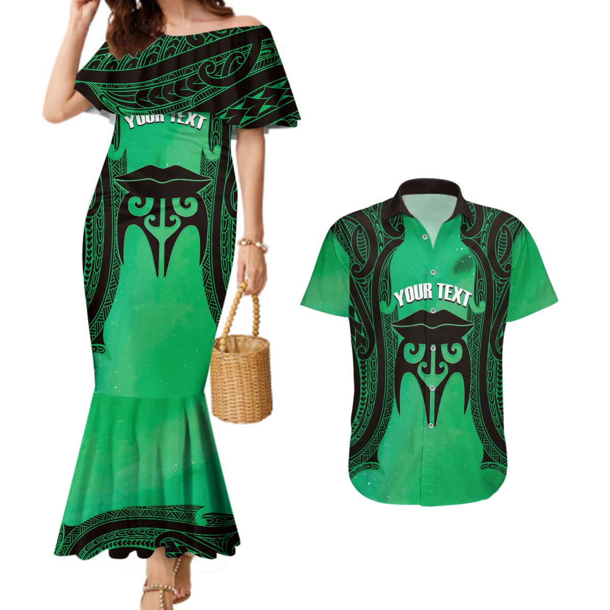 Personalised Moko Kauae New Zealand Couples Matching Mermaid Dress and Hawaiian Shirt Maori Chin Tattoo Green LT14 Green - Polynesian Pride