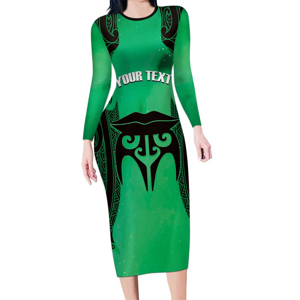 Personalised Moko Kauae New Zealand Family Matching Long Sleeve Bodycon Dress and Hawaiian Shirt Maori Chin Tattoo Green - Polynesian Pride