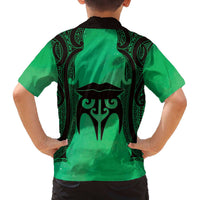 Personalised Moko Kauae New Zealand Family Matching Off The Shoulder Long Sleeve Dress and Hawaiian Shirt Maori Chin Tattoo Green - Polynesian Pride
