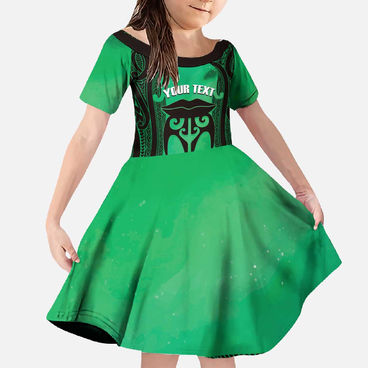 Personalised Moko Kauae New Zealand Family Matching Off The Shoulder Long Sleeve Dress and Hawaiian Shirt Maori Chin Tattoo Green - Polynesian Pride