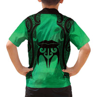Personalised Moko Kauae New Zealand Family Matching Off Shoulder Short Dress and Hawaiian Shirt Maori Chin Tattoo Green - Polynesian Pride
