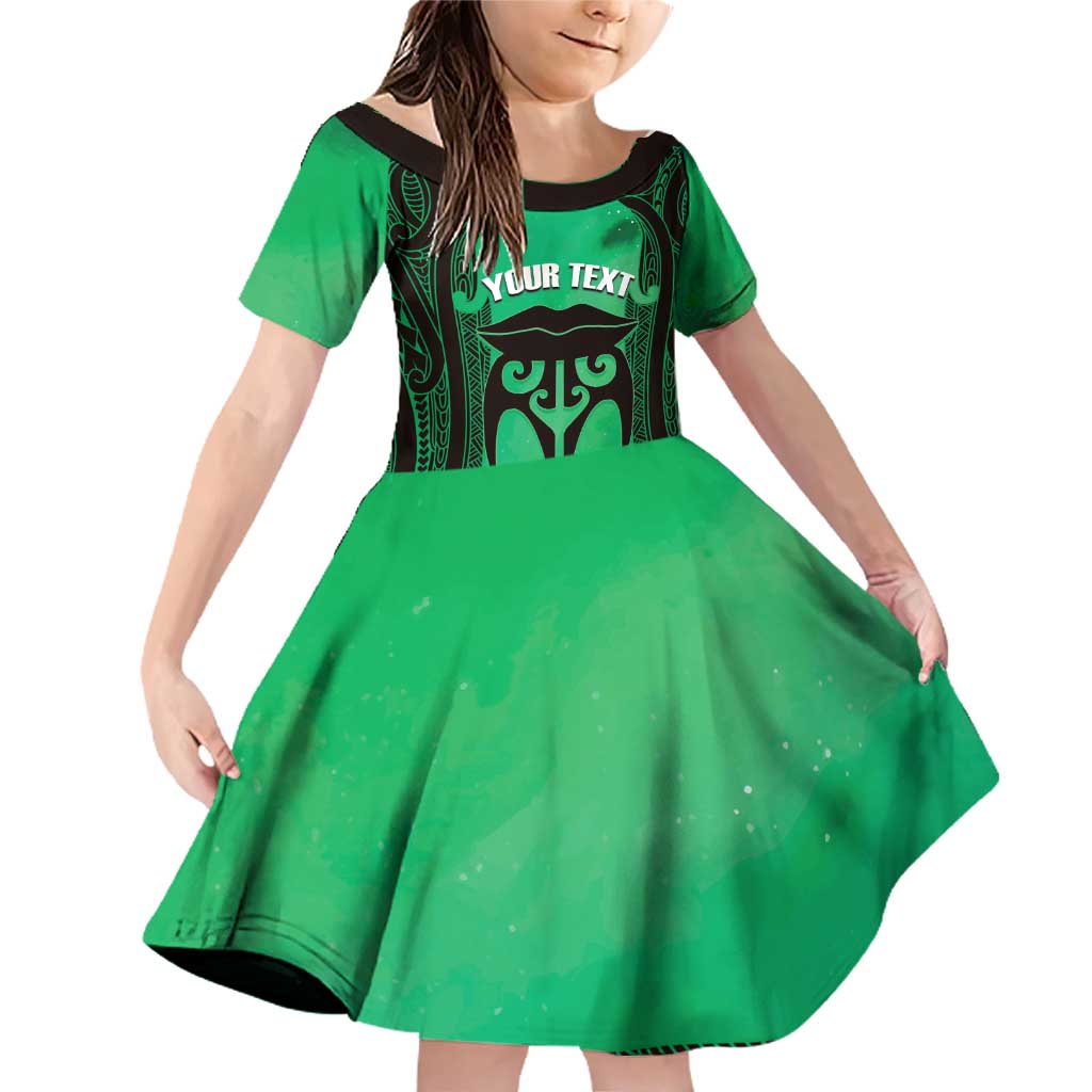 Personalised Moko Kauae New Zealand Family Matching Off Shoulder Short Dress and Hawaiian Shirt Maori Chin Tattoo Green - Polynesian Pride