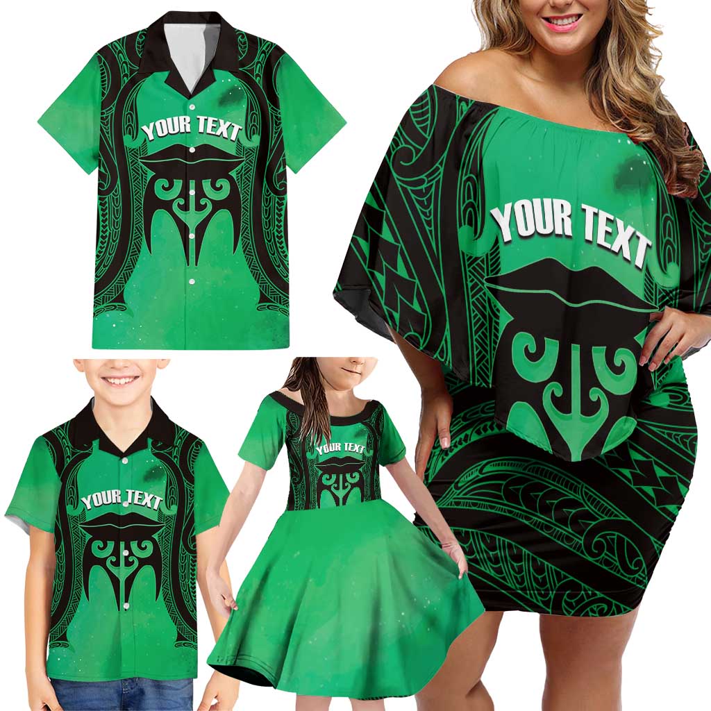 Personalised Moko Kauae New Zealand Family Matching Off Shoulder Short Dress and Hawaiian Shirt Maori Chin Tattoo Green LT14 - Polynesian Pride