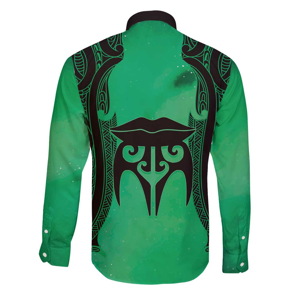 Personalised Moko Kauae New Zealand Family Matching Off Shoulder Short Dress and Hawaiian Shirt Maori Chin Tattoo Green - Polynesian Pride