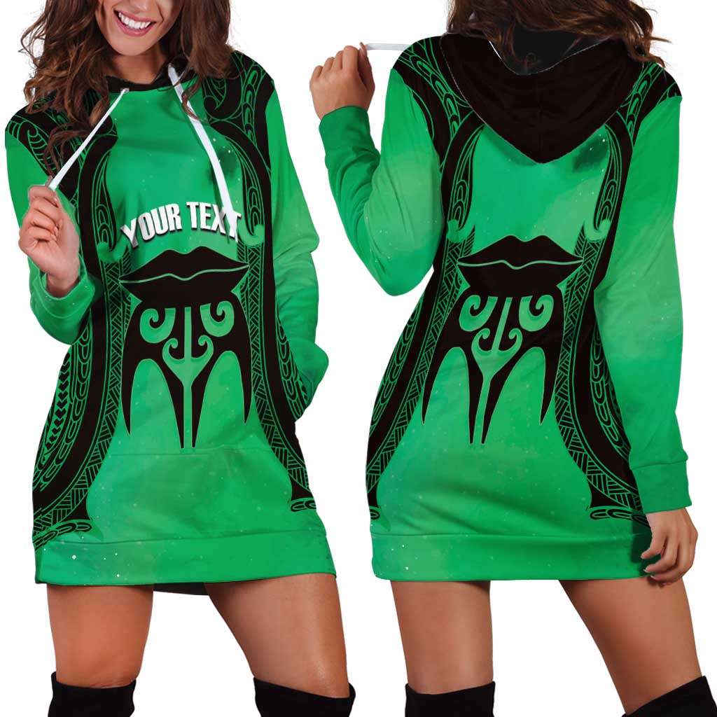 Personalised Moko Kauae New Zealand Hoodie Dress Maori Chin Tattoo Green - Polynesian Pride