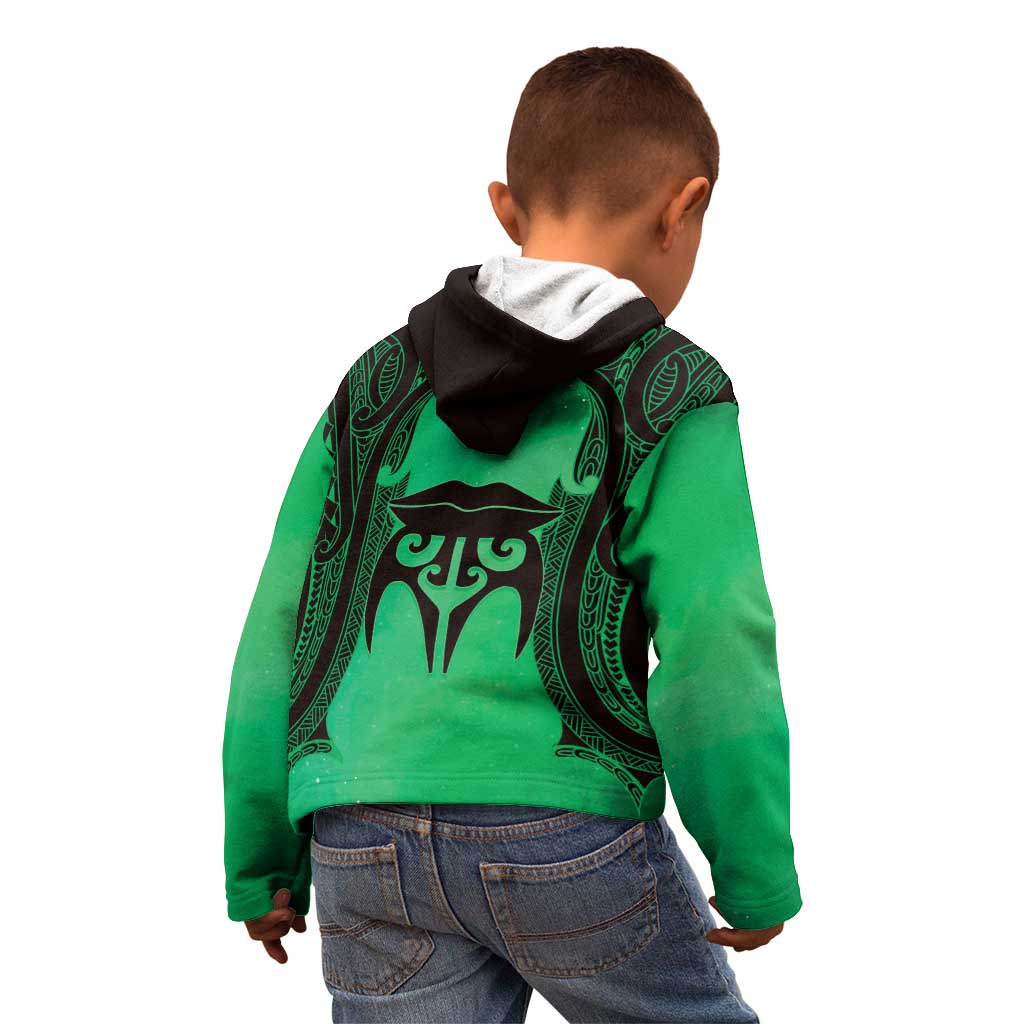 Personalised Moko Kauae New Zealand Kid Hoodie Maori Chin Tattoo Green - Polynesian Pride