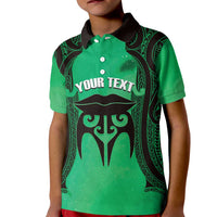 Personalised Moko Kauae New Zealand Kid Polo Shirt Maori Chin Tattoo Green - Polynesian Pride