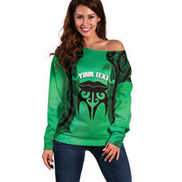 Personalised Moko Kauae New Zealand Off Shoulder Sweater Maori Chin Tattoo Green - Polynesian Pride