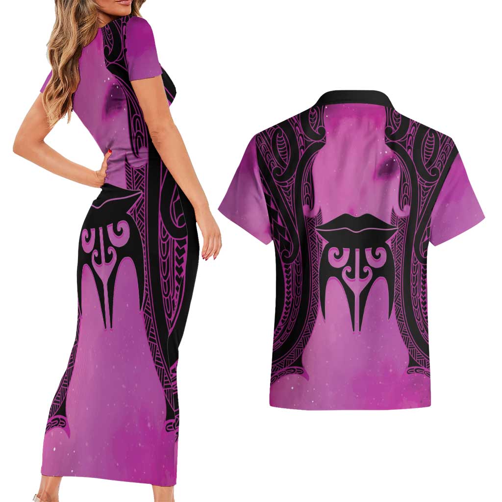 Personalised Moko Kauae New Zealand Couples Matching Short Sleeve Bodycon Dress and Hawaiian Shirt Maori Chin Tattoo Pink - Polynesian Pride