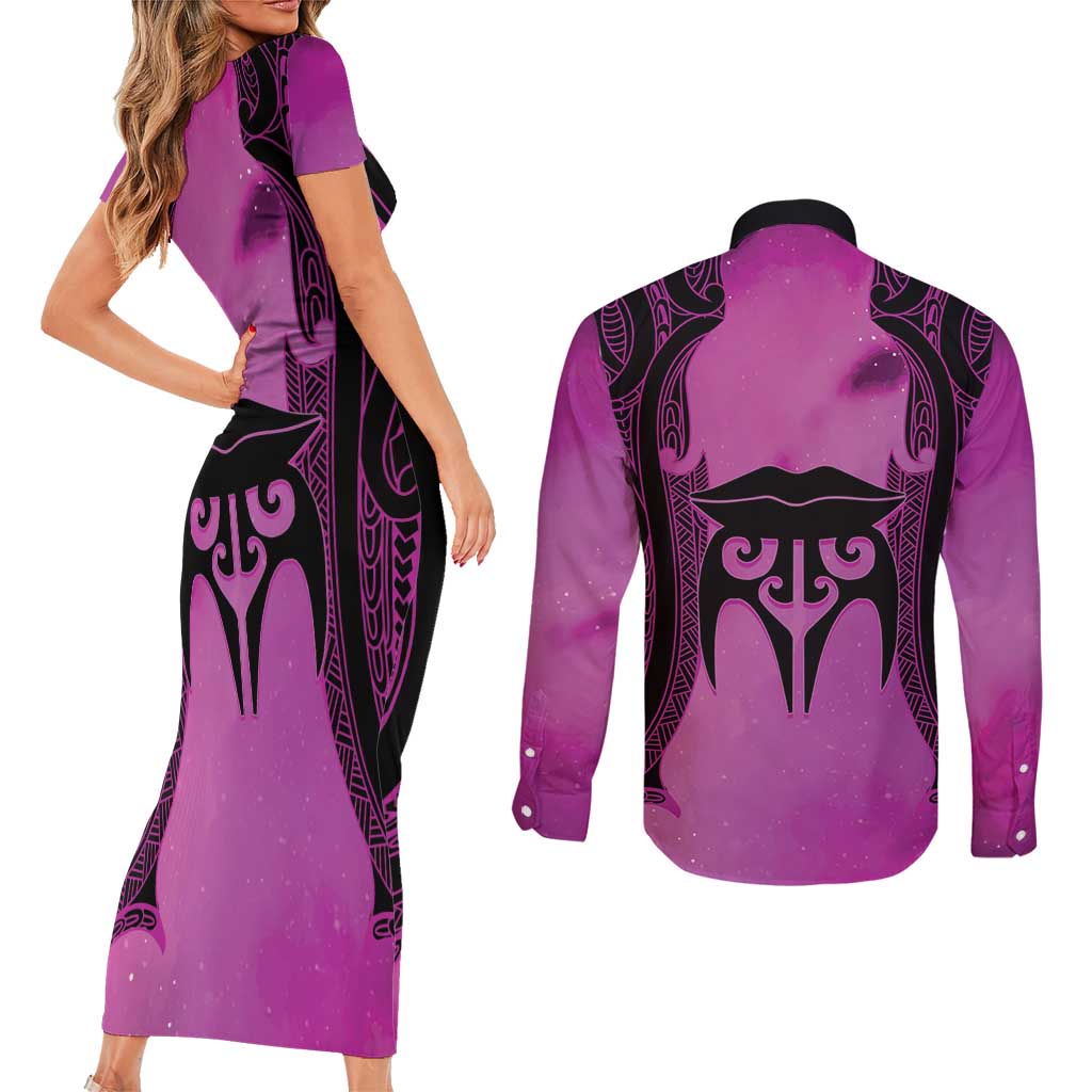 Personalised Moko Kauae New Zealand Couples Matching Short Sleeve Bodycon Dress and Long Sleeve Button Shirt Maori Chin Tattoo Pink - Polynesian Pride