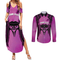Personalised Moko Kauae New Zealand Couples Matching Summer Maxi Dress and Long Sleeve Button Shirt Maori Chin Tattoo Pink - Polynesian Pride