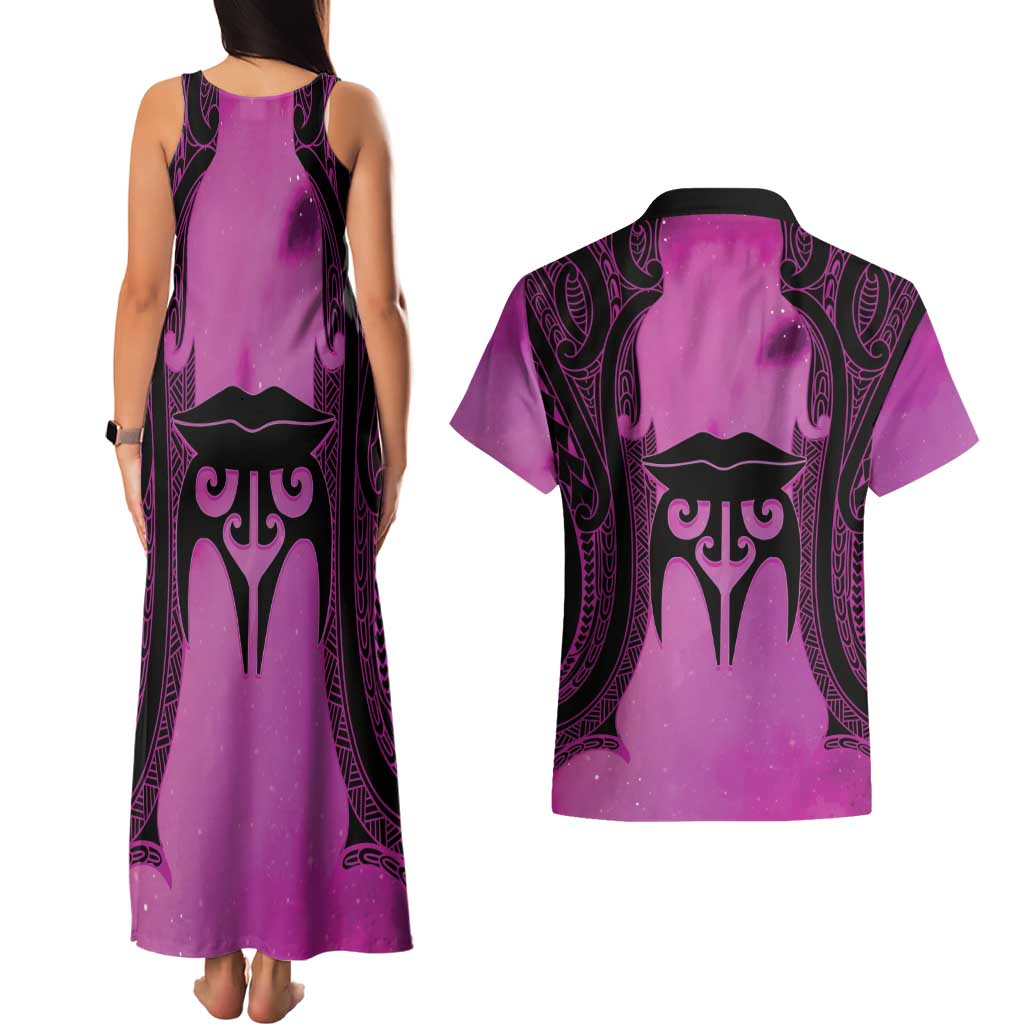 Personalised Moko Kauae New Zealand Couples Matching Tank Maxi Dress and Hawaiian Shirt Maori Chin Tattoo Pink - Polynesian Pride