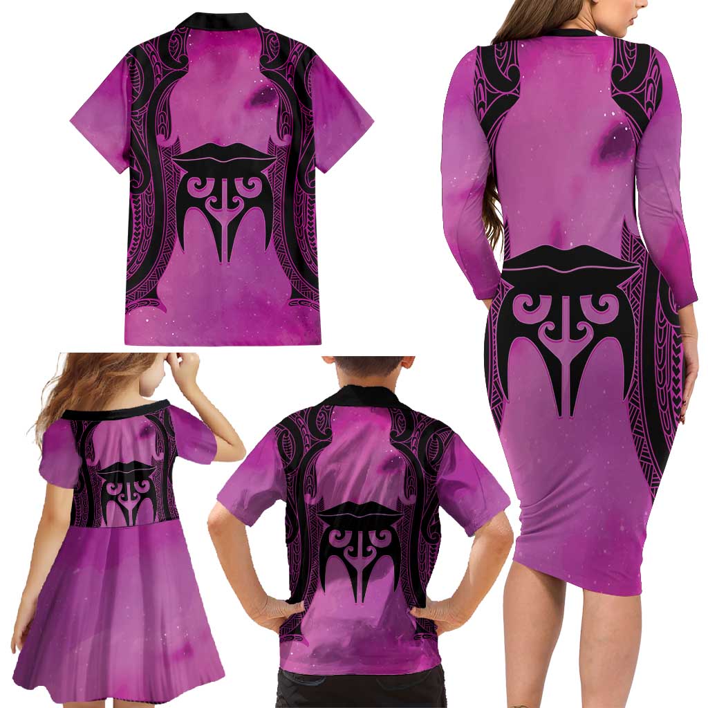 Personalised Moko Kauae New Zealand Family Matching Long Sleeve Bodycon Dress and Hawaiian Shirt Maori Chin Tattoo Pink - Polynesian Pride