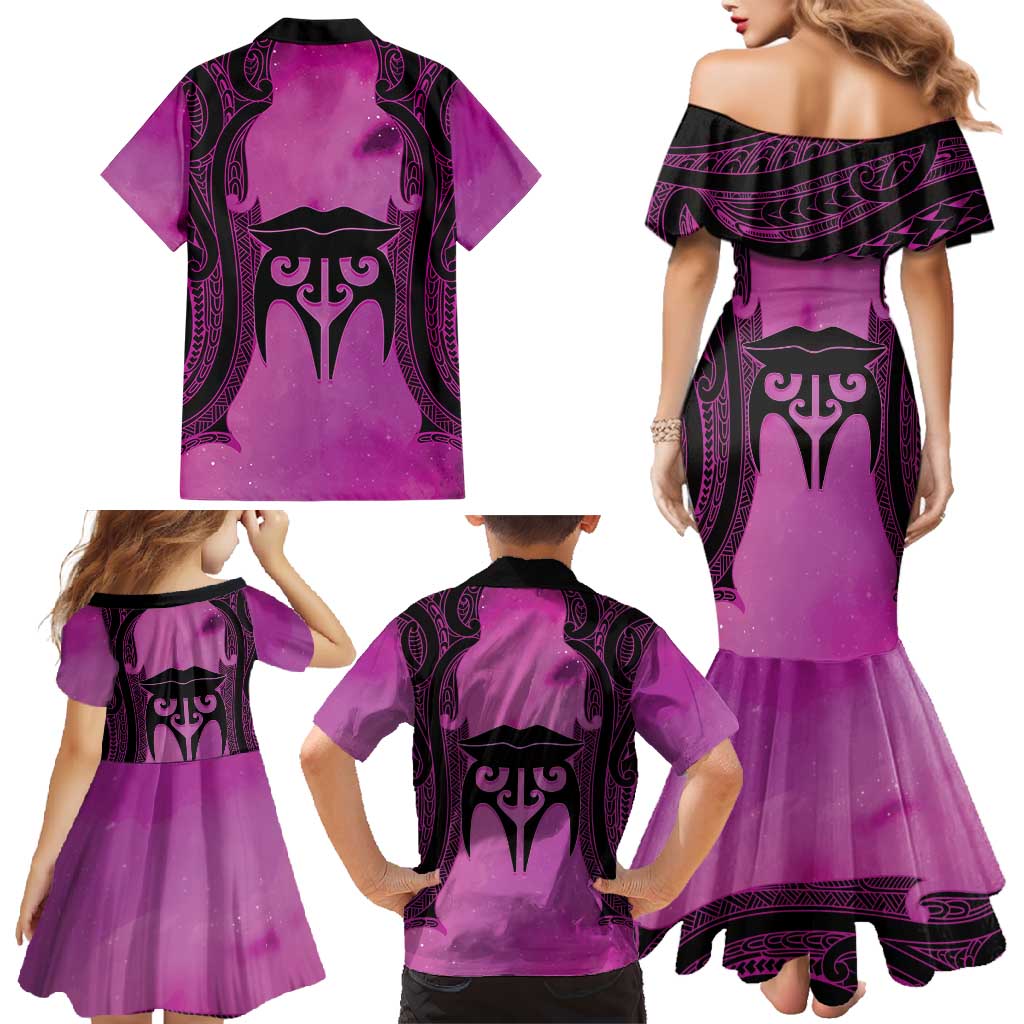Personalised Moko Kauae New Zealand Family Matching Mermaid Dress and Hawaiian Shirt Maori Chin Tattoo Pink - Polynesian Pride