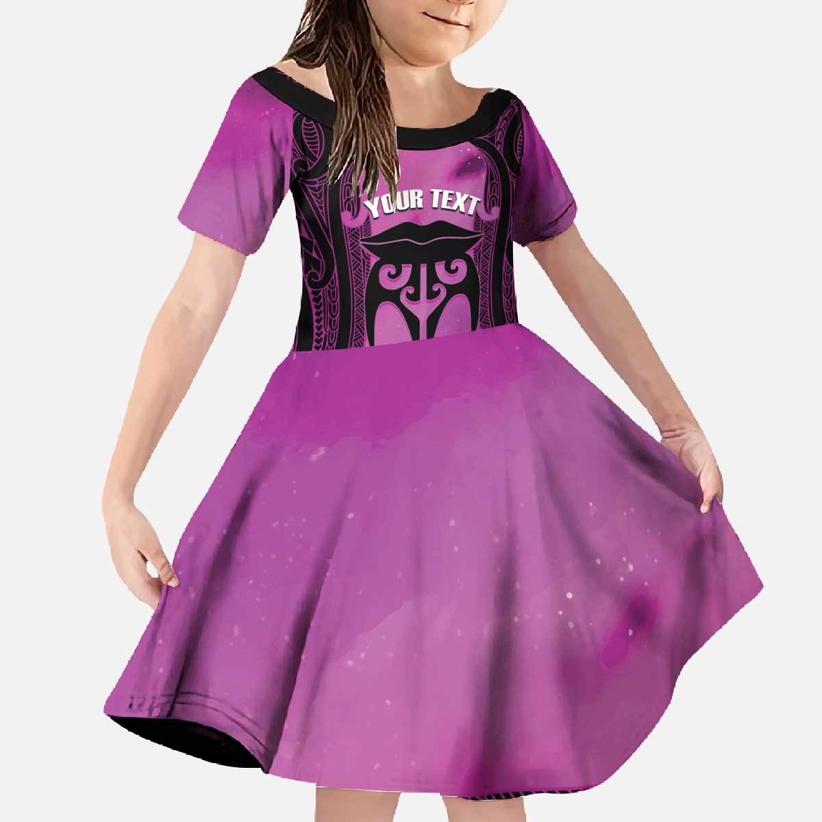 Personalised Moko Kauae New Zealand Family Matching Off The Shoulder Long Sleeve Dress and Hawaiian Shirt Maori Chin Tattoo Pink - Polynesian Pride