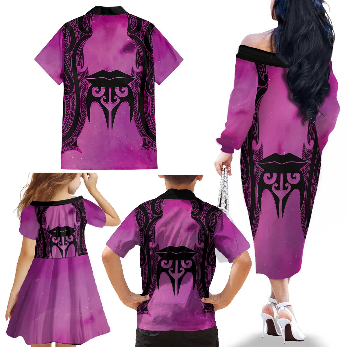 Personalised Moko Kauae New Zealand Family Matching Off The Shoulder Long Sleeve Dress and Hawaiian Shirt Maori Chin Tattoo Pink - Polynesian Pride
