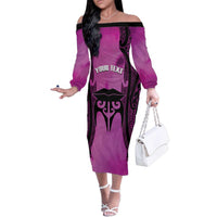 Personalised Moko Kauae New Zealand Family Matching Off The Shoulder Long Sleeve Dress and Hawaiian Shirt Maori Chin Tattoo Pink - Polynesian Pride