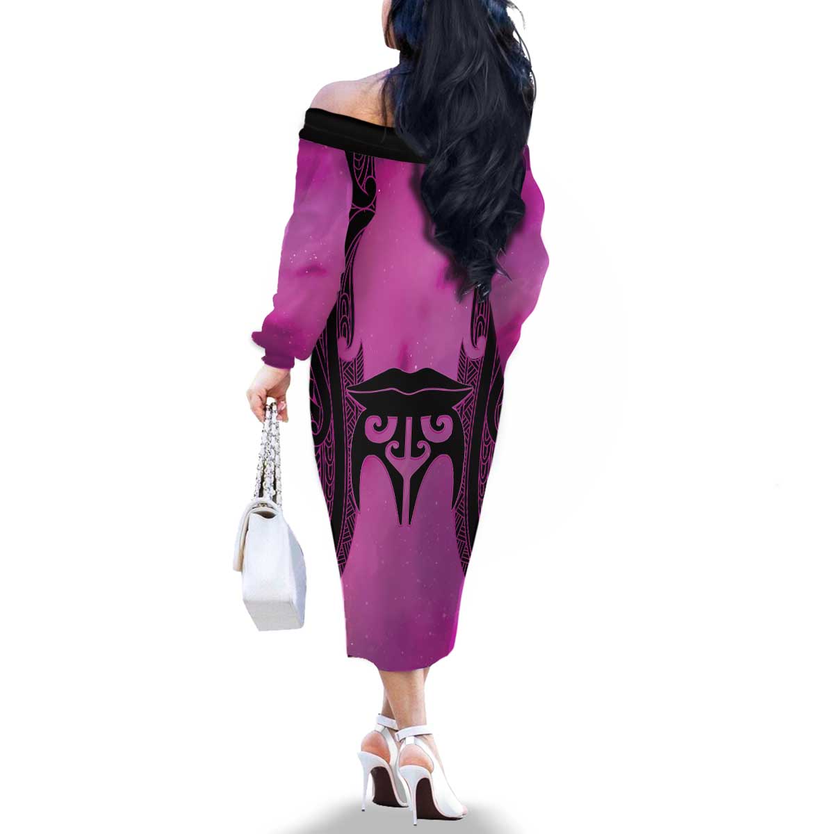 Personalised Moko Kauae New Zealand Family Matching Off The Shoulder Long Sleeve Dress and Hawaiian Shirt Maori Chin Tattoo Pink - Polynesian Pride