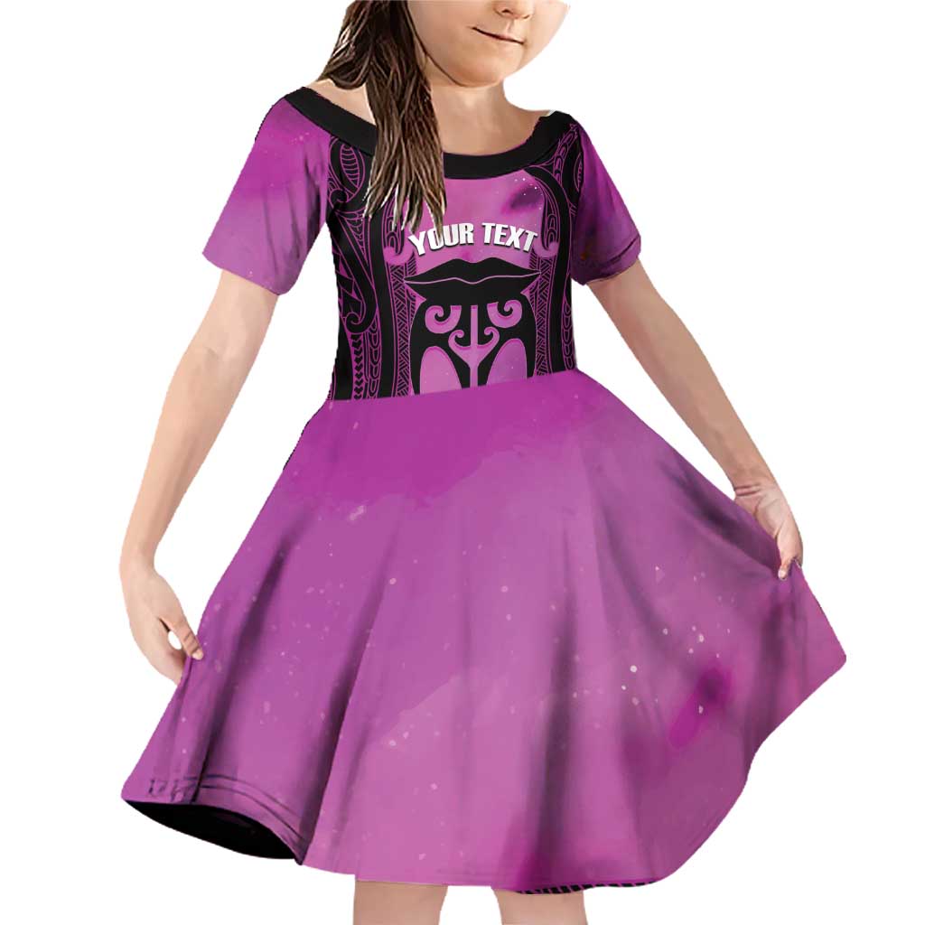 Personalised Moko Kauae New Zealand Family Matching Off Shoulder Short Dress and Hawaiian Shirt Maori Chin Tattoo Pink - Polynesian Pride
