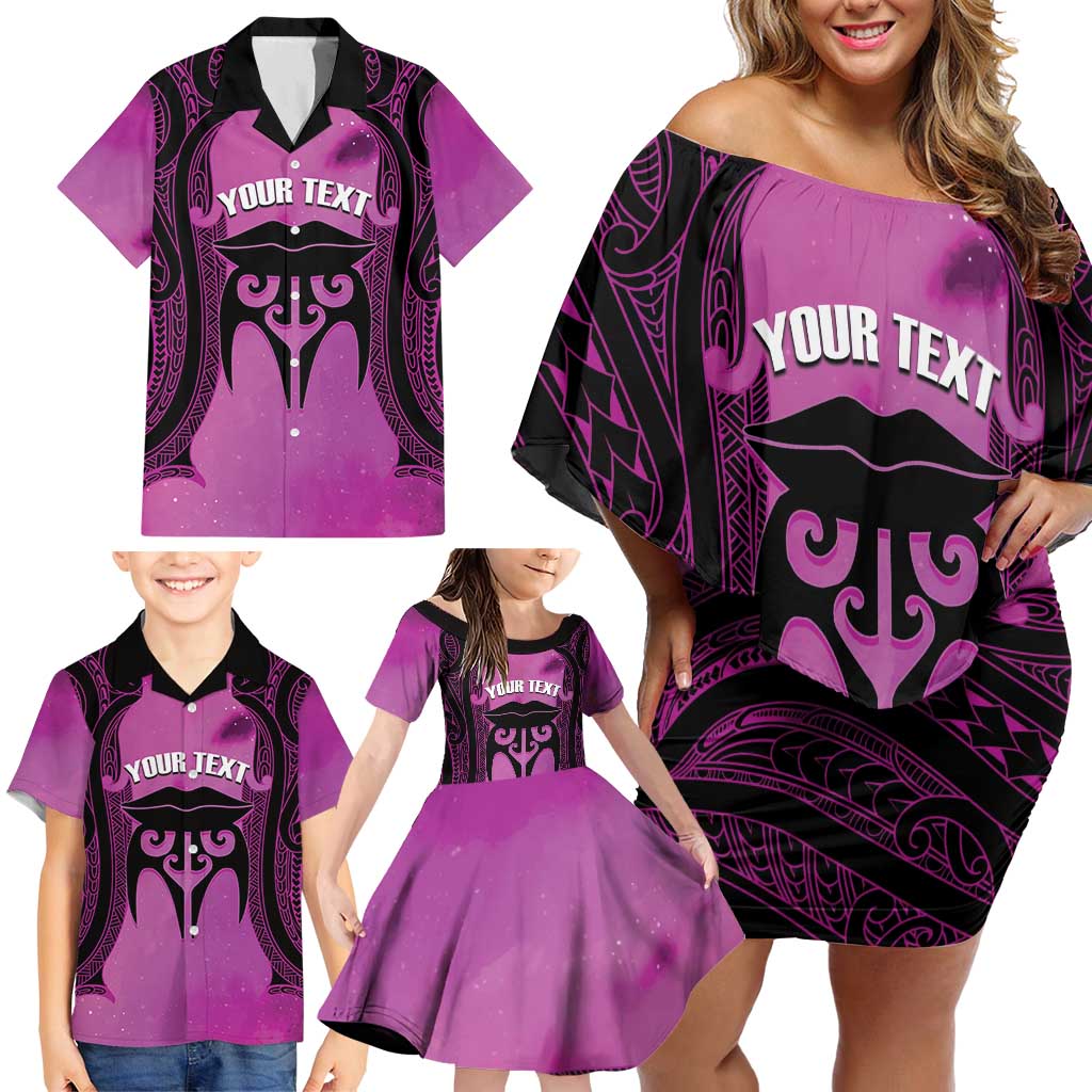 Personalised Moko Kauae New Zealand Family Matching Off Shoulder Short Dress and Hawaiian Shirt Maori Chin Tattoo Pink LT14 - Polynesian Pride