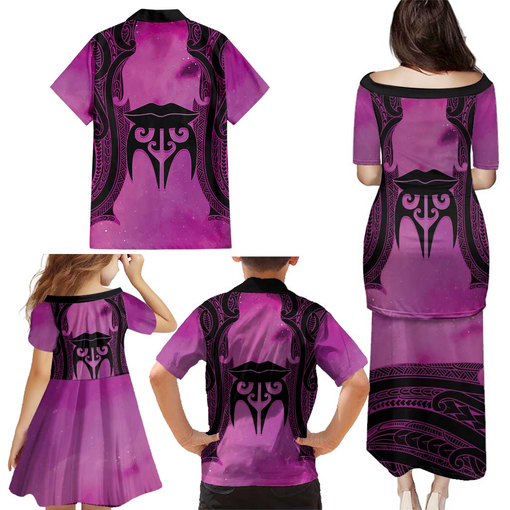 Personalised Moko Kauae New Zealand Family Matching Puletasi and Hawaiian Shirt Maori Chin Tattoo Pink - Polynesian Pride