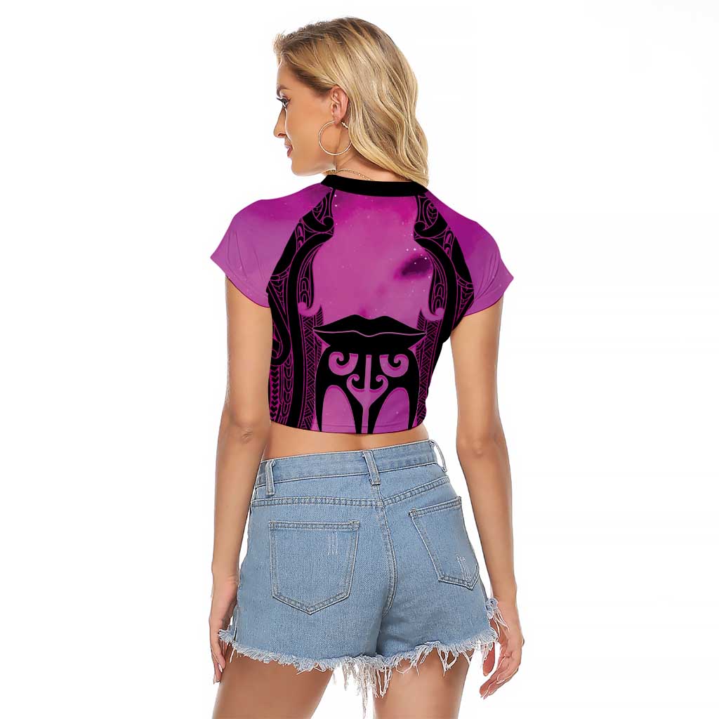 Personalised Moko Kauae New Zealand Raglan Cropped T Shirt Maori Chin Tattoo Pink - Polynesian Pride