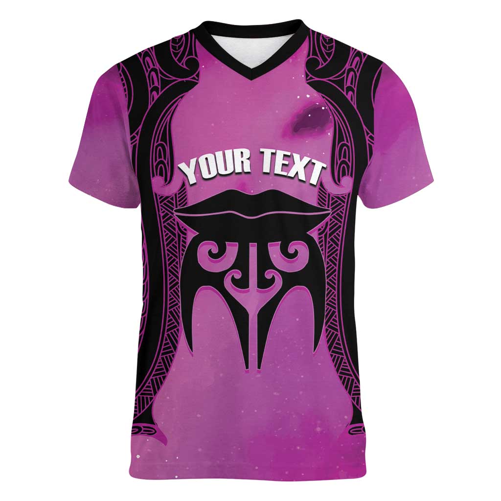 Personalised Moko Kauae New Zealand Women V-Neck T-Shirt Maori Chin Tattoo Pink - Polynesian Pride