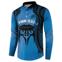 Personalised Moko Kauae New Zealand Button Sweatshirt Maori Chin Tattoo Blue LT14 - Polynesian Pride