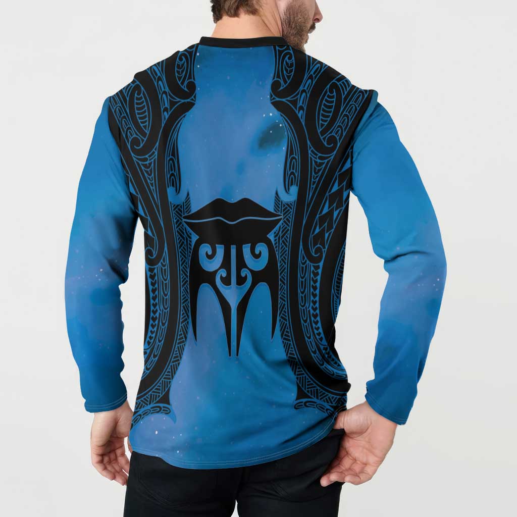 Personalised Moko Kauae New Zealand Button Sweatshirt Maori Chin Tattoo Blue LT14 - Polynesian Pride
