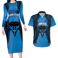 Personalised Moko Kauae New Zealand Couples Matching Long Sleeve Bodycon Dress and Hawaiian Shirt Maori Chin Tattoo Blue - Polynesian Pride