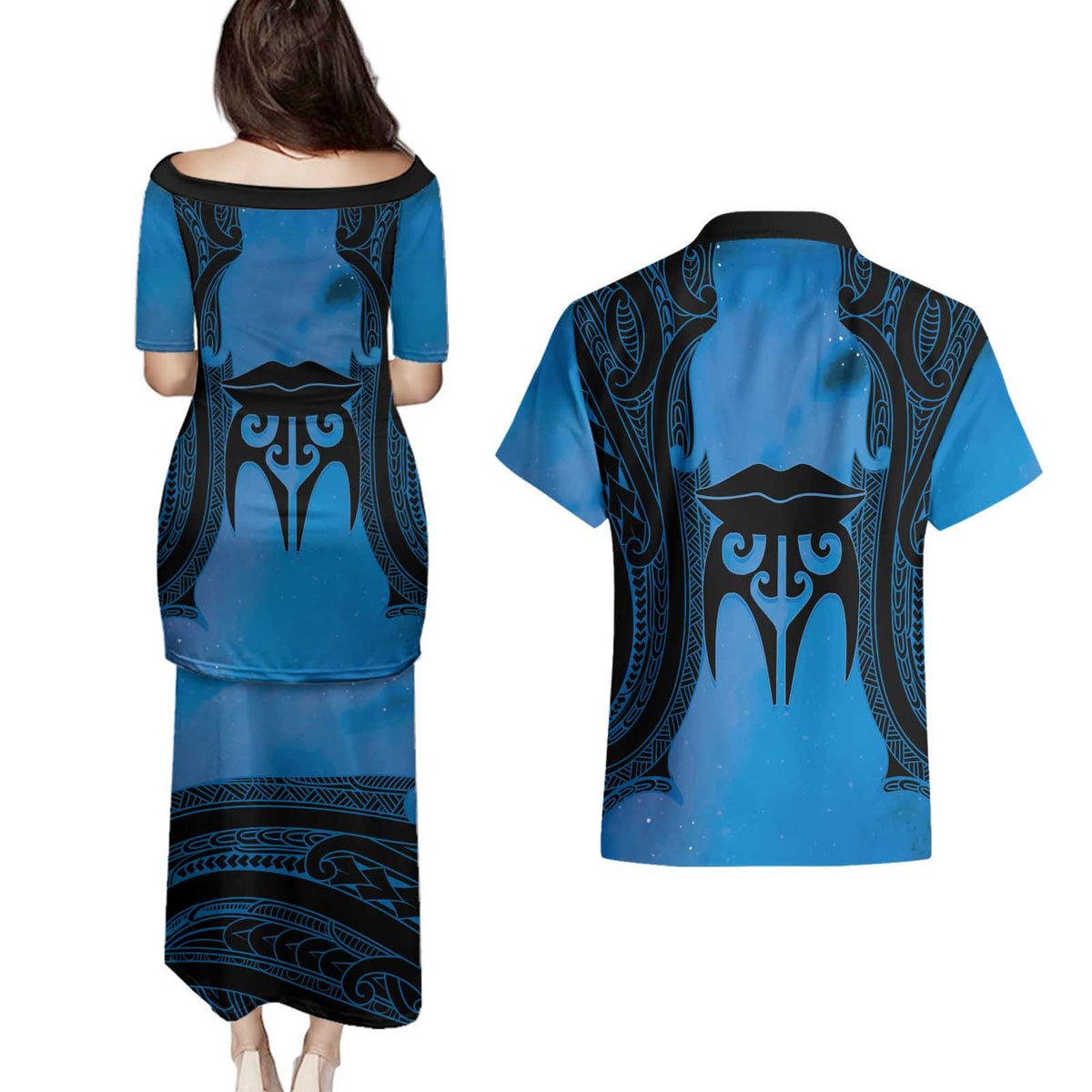 Personalised Moko Kauae New Zealand Couples Matching Puletasi and Hawaiian Shirt Maori Chin Tattoo Blue - Polynesian Pride