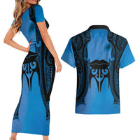 Personalised Moko Kauae New Zealand Couples Matching Short Sleeve Bodycon Dress and Hawaiian Shirt Maori Chin Tattoo Blue - Polynesian Pride