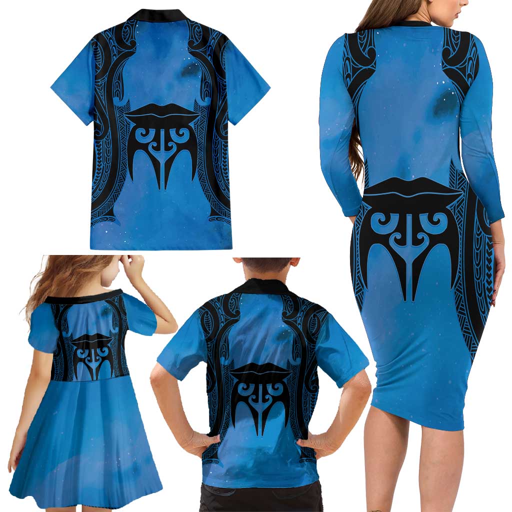 Personalised Moko Kauae New Zealand Family Matching Long Sleeve Bodycon Dress and Hawaiian Shirt Maori Chin Tattoo Blue - Polynesian Pride