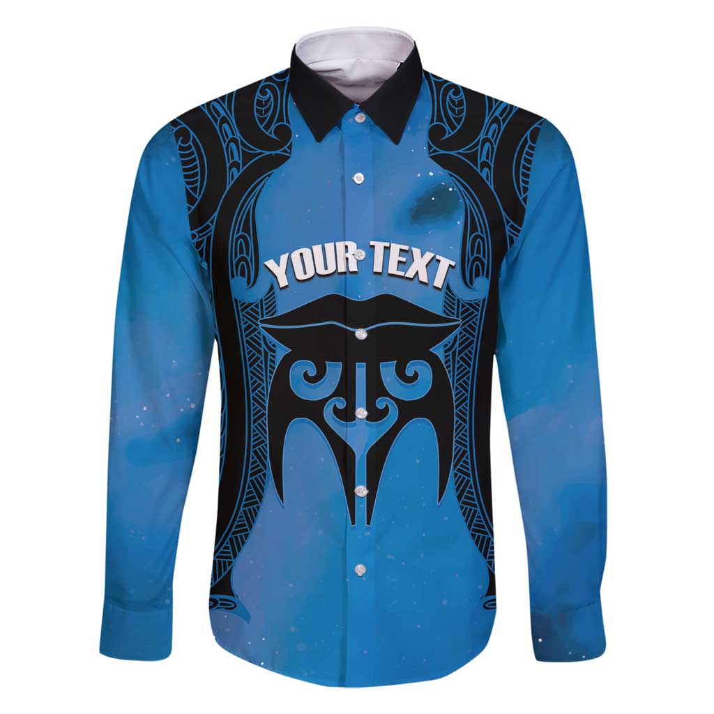 Personalised Moko Kauae New Zealand Family Matching Long Sleeve Bodycon Dress and Hawaiian Shirt Maori Chin Tattoo Blue - Polynesian Pride