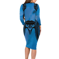 Personalised Moko Kauae New Zealand Family Matching Long Sleeve Bodycon Dress and Hawaiian Shirt Maori Chin Tattoo Blue - Polynesian Pride