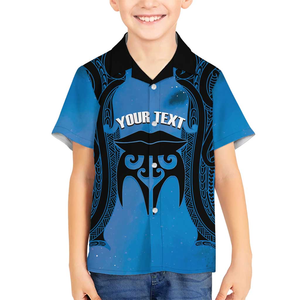 Personalised Moko Kauae New Zealand Family Matching Long Sleeve Bodycon Dress and Hawaiian Shirt Maori Chin Tattoo Blue - Polynesian Pride