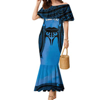 Personalised Moko Kauae New Zealand Family Matching Mermaid Dress and Hawaiian Shirt Maori Chin Tattoo Blue - Polynesian Pride