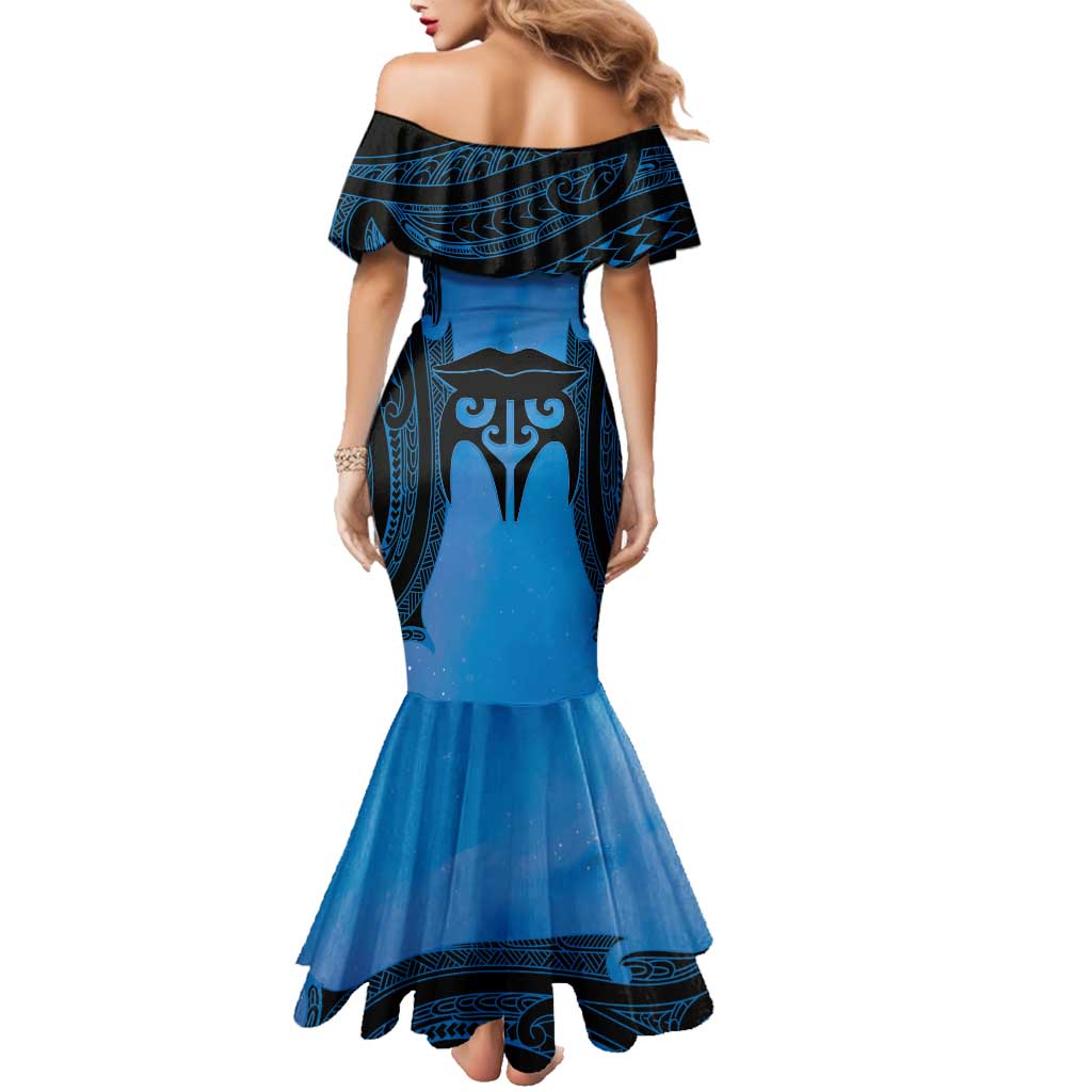 Personalised Moko Kauae New Zealand Family Matching Mermaid Dress and Hawaiian Shirt Maori Chin Tattoo Blue - Polynesian Pride