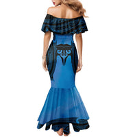 Personalised Moko Kauae New Zealand Family Matching Mermaid Dress and Hawaiian Shirt Maori Chin Tattoo Blue - Polynesian Pride