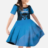 Personalised Moko Kauae New Zealand Family Matching Off The Shoulder Long Sleeve Dress and Hawaiian Shirt Maori Chin Tattoo Blue - Polynesian Pride