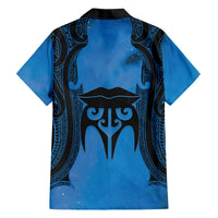 Personalised Moko Kauae New Zealand Family Matching Off The Shoulder Long Sleeve Dress and Hawaiian Shirt Maori Chin Tattoo Blue - Polynesian Pride
