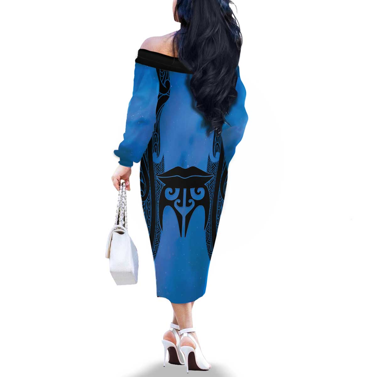 Personalised Moko Kauae New Zealand Family Matching Off The Shoulder Long Sleeve Dress and Hawaiian Shirt Maori Chin Tattoo Blue - Polynesian Pride