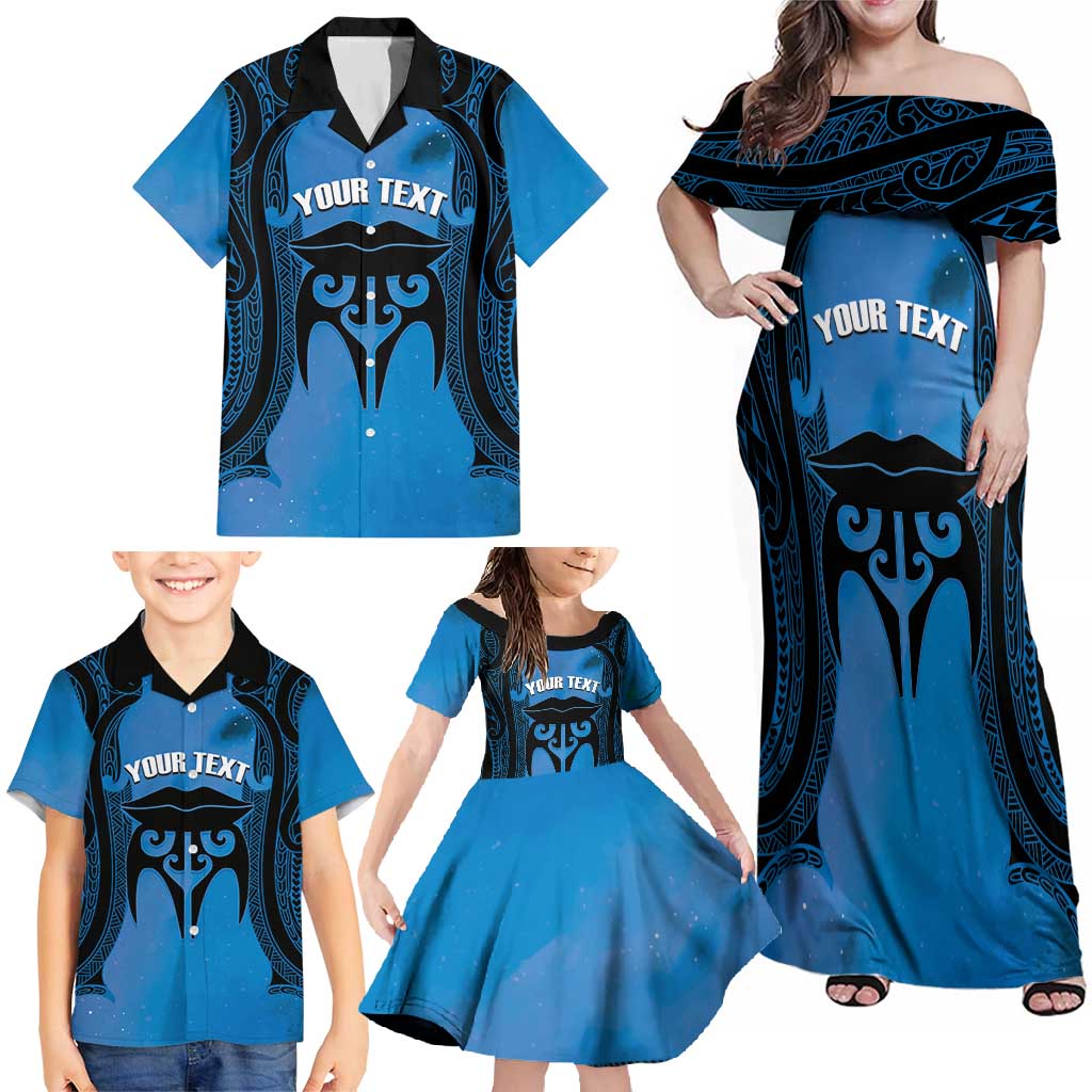 Personalised Moko Kauae New Zealand Family Matching Off Shoulder Maxi Dress and Hawaiian Shirt Maori Chin Tattoo Blue LT14 - Polynesian Pride