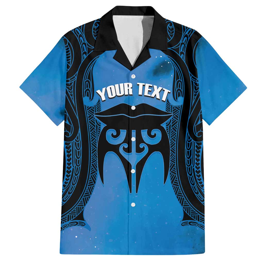 Personalised Moko Kauae New Zealand Family Matching Off Shoulder Maxi Dress and Hawaiian Shirt Maori Chin Tattoo Blue - Polynesian Pride