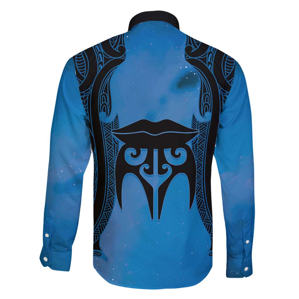 Personalised Moko Kauae New Zealand Family Matching Off Shoulder Maxi Dress and Hawaiian Shirt Maori Chin Tattoo Blue - Polynesian Pride