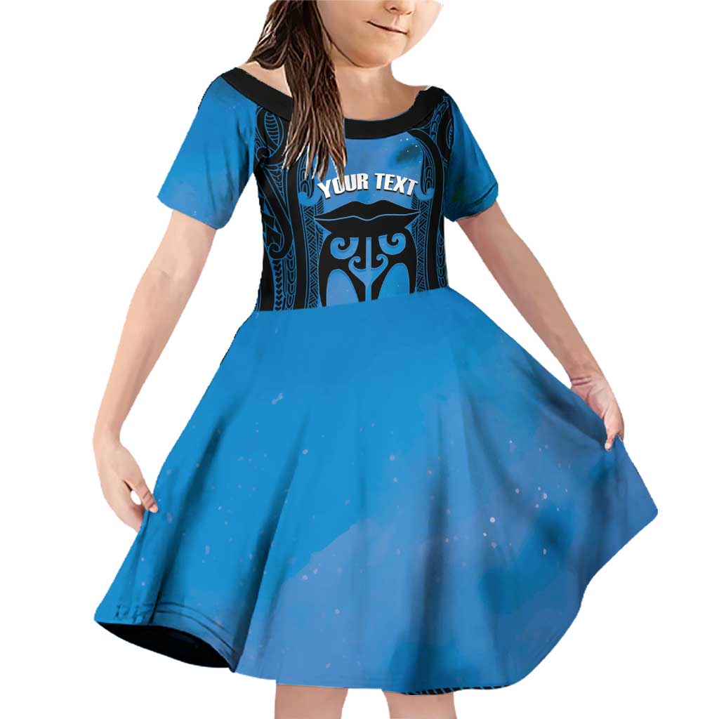 Personalised Moko Kauae New Zealand Family Matching Off Shoulder Short Dress and Hawaiian Shirt Maori Chin Tattoo Blue - Polynesian Pride