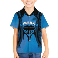 Personalised Moko Kauae New Zealand Family Matching Off Shoulder Short Dress and Hawaiian Shirt Maori Chin Tattoo Blue - Polynesian Pride