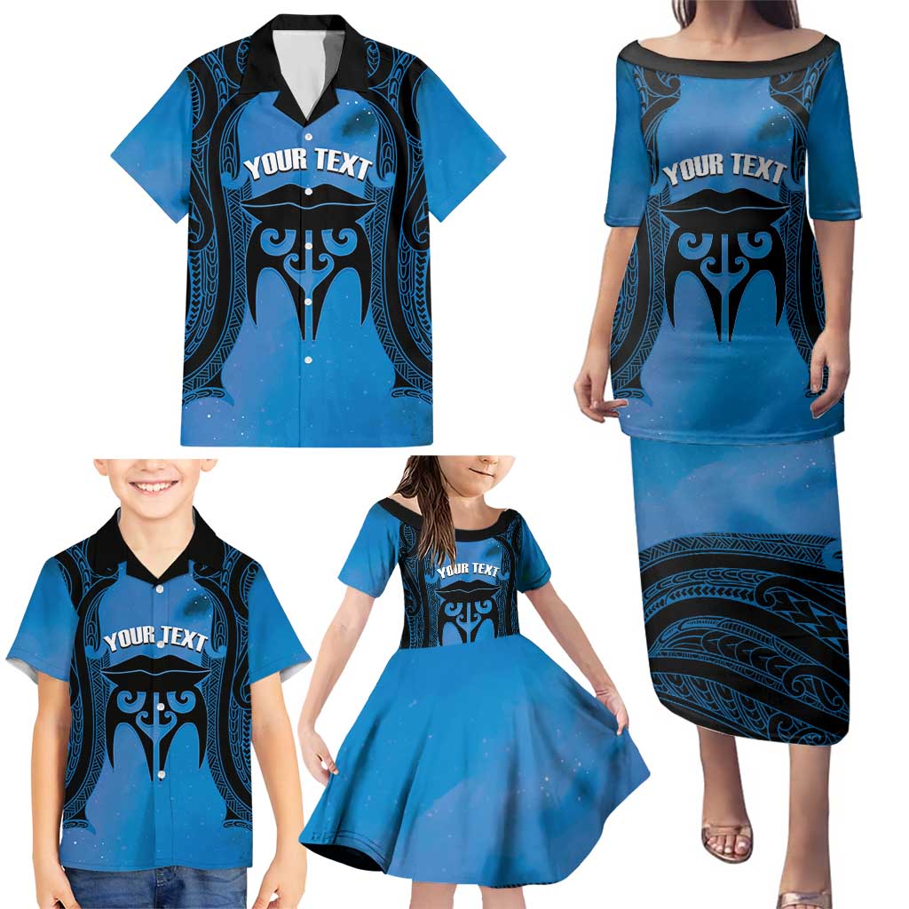 Personalised Moko Kauae New Zealand Family Matching Puletasi and Hawaiian Shirt Maori Chin Tattoo Blue LT14 - Polynesian Pride